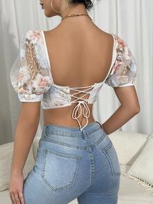 EZNV 1pc Embroidered Graphic Casual Fashion Versatile Puff Sleeve Sheer Elegant Form-Fitting Blouse Top - White - View 3