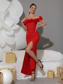 Modphy Nuevo vestido de tubo sólido y sexy con hombros descubiertos, confeccionado a mano con flores 3D, elegante para vacaciones, bodas, damas de honor, fiestas de cumpleaños, vestidos de noche formales, vestidos de fiesta, vestidos para invitados de boda - Rojo - Ver 7