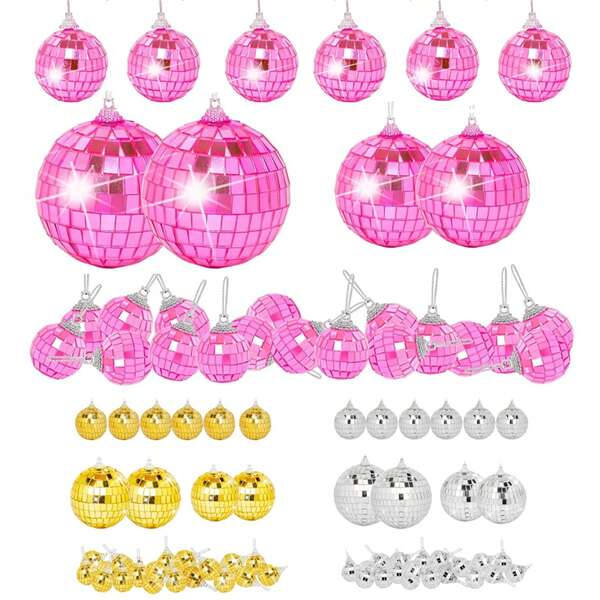 Set de 28 Minibolas de Discoteca, Plata, Rosa, Dorado, Decoración de Bola de Espejo Reflectante Colgante, Fiesta de Discoteca de los 70, Cumpleaños, Fiesta, Boda, Adorno para Árbol de Navidad