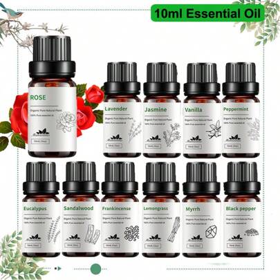 زيت عطري فاخر 10مل/0.33 أونصة سائلة، زيت عطري فاخر للعناية بالبشرة والوجه والتدليك والمبخرات والمرطبات وعلاج الأرومات والاسترخاء، بروائح الخزامى والياسمين والأوكالبتوس والفانيليا والنعناع الفلفلي والصندل والبخور والبرتقال الحلو واليلانج واللمون والورد والقرنفل وعشب الليمون والقرفة والأرز والمر وإبر الصنوبر
