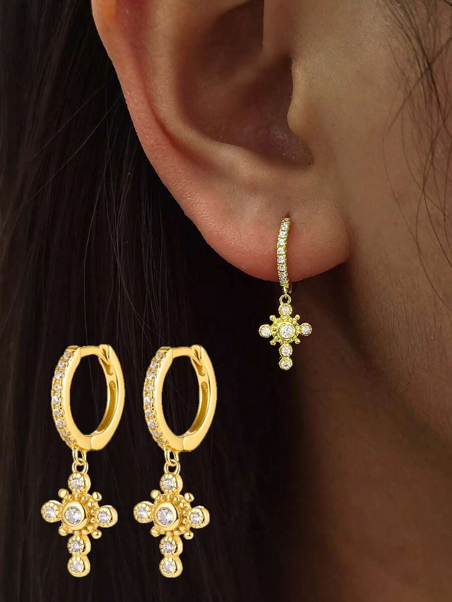 1 Pair Of 925 Sterling Silver Earrings, Fashion Personalized Cross Synthetic Zirconia Earrings, Suitable For Couples To Wear Daily Party Wear, Send Sisters To Send Friends Birthday, Easter, Halloween Jewelry Gifts