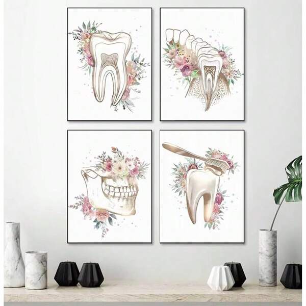 1 pieza / Juego de 3 Pósteres de arte de pared con opción de marco. Arte moderno de anatomía dental, pinturas de flores, pósteres de acuarela dental, fotos decorativas de clínica dental, impresión en lienzo de salud bucal sin marco