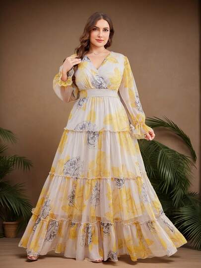 大码女式奶油黄V领荷叶边松紧腰随机印花长裙