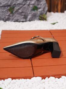Plus Size Pointed Toe Flower Decor Buckle Sexy Women High Heel Pumps, Gold