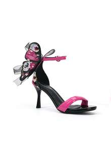 Rose Print Butterfly High Heel Sandals - Hot Pink - View 3