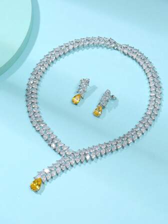 1 set med 3 st lyxiga glittrande zirkoniahalsband och örhängen, elegant för brudklänning, förlovning, fest, exklusiva smycken, present till kvinnor