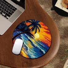 1pc Sunset Beach Butterfly Design Round Mouse Pad, With Anti-Slip Rubber Base Small Portable Travel Mouse Pad, Suitable For Work Wireless Computer Laptop, Office Desk Accessory