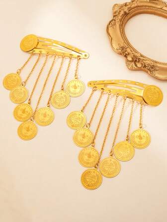 1 pieza Clips para el cabello con moneda kurda de Omán chapados en oro, joyería para el cabello de mujer árabe, accesorios para el cabello de metal, regalo para dama de honor del estilo otomano