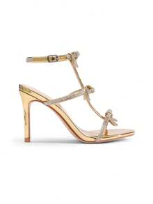 Women Wide Fit Crystal Bowknots High Stilettos Fashion Sexy Open Toe Ankle Strap Heeled Sandals For Party Wedding Prom - Gold - View 5