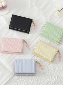 3-Fold Small Wallet In Candy Colors, Cute & Fresh PU Leather Purse, Girl Short Bifold Wallet With Bow Charm