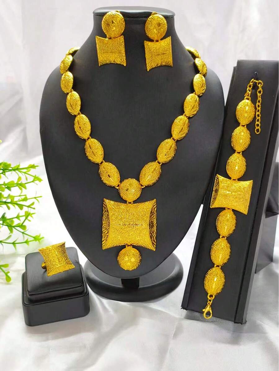 1 Set 4pcs Women Fashion Jewelry Set Including 1 Necklace, 1 Pair Of Earrings, 1 Bracelet, 1 Ring, Gold Color Beaded Ball Pendant, Suitable For Europe, America, Africa, Middle East, Dubai, Wedding, Mother's Day, Holiday Gift, Necklace, Earrings, Bracelet