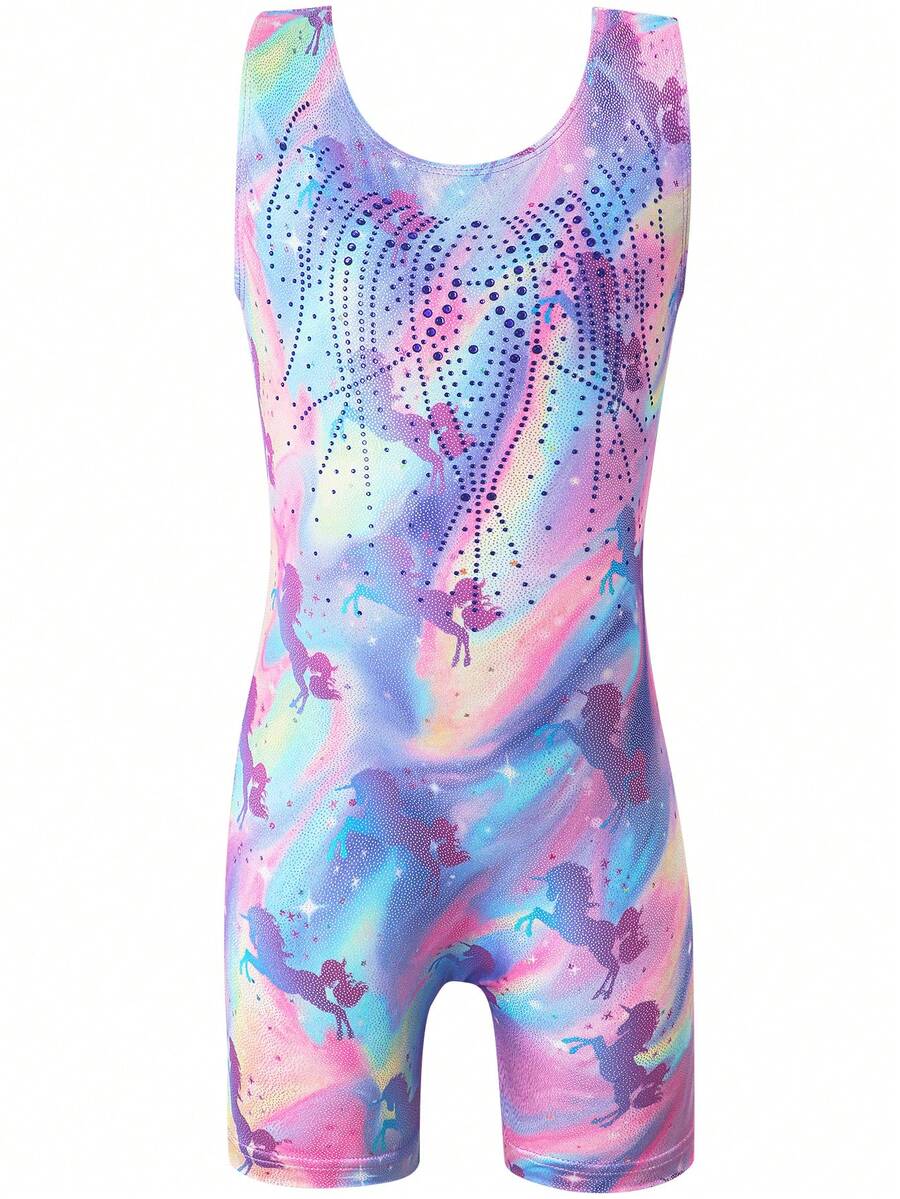 Young Girl Unicorn Print Gymnastics Leotard, Sleeveless Rhinestoned Bodysuit - Màu đỏ tím - Xem 1