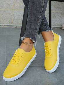 Women's White Platform Canvas Sneakers, Thick Sole Casual Sports Shoes, Net Celebrity Style, Non-Slip Elevated Leather Casual Shoes For Students - Yellow - View 1