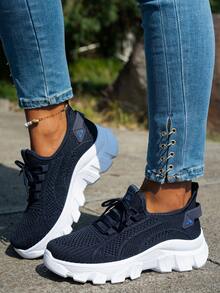 2025 Women Fashion Casual Shoes, Lightweight Low-Top Lace-Up Walking Tennis Sneakers With Shock Absorption EVA Insole And PVC Outsole, Solid Color, Flat Head, Machine Washable - Blue - View 6