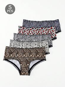 5pcs Women Leopard Print Smooth Polyester Low Rise Hipster Panties - Multicolor - View 3