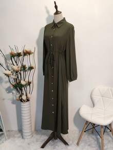 女士时尚翻领纯色长袖宽松长裙，适合开斋节和春季穿着 - 軍綠色 - 查看 7