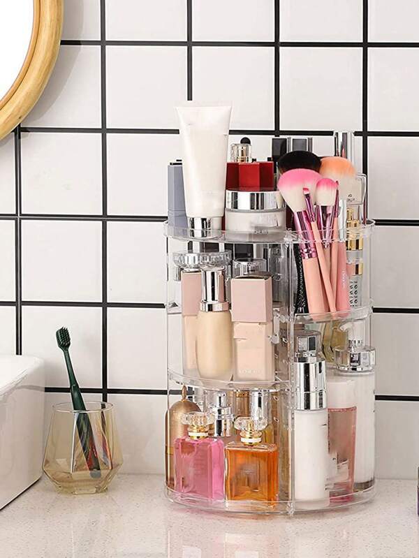 1pc Desktop 360 Degree Rotating Transparent Large Capacity Lipstick & Makeup Brush Organizer, Vanity Cosmetic Storage Box Organizer Storage Box Travel Back To School