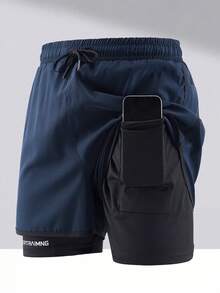 1 buah Celana Pendek Olahraga Pria 2-in-1, Celana Pendek Lari/Latihan Kebugaran Musim Semi/Panas dengan Lapisan Dalam, Celana Atletik Kasual Elastis - Navy Blue - View 2