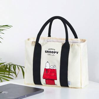 Miniso Snoopy Cartoon Pattern Canvas Tote Bag, Large Capacity Handheld Storage Bag, Travel Miscellaneous Bag, Reusable, Deformation-Resistant Grocery Shopping Bag (Off-White)