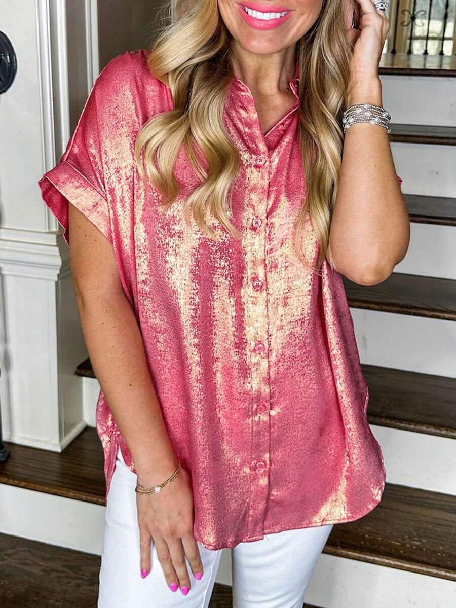 Acelitt Rose Red Metallic Sheen Short Sleeve Button-Up Casual Shirt - Pink - View 1