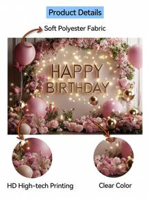 1pc 3D Floral Happy Birthday Photography Backdrops Pink Golden Balloons Flowers Party Banner 59.1*39.4/82.7*59.1/94.5*70.9/106.3*70.9 Inches Roses Green Leaves Photo Background Indoor Outdoor Newborn Shower Decoration Supplies