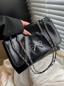 Bolsa de ombro feminina com laço, bolsa feminina elegante de cor sólida, bolsa de trabalho empresarial