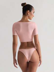 XLLALS 方领短袖夏季 T 恤高弹力凉爽双层基本款修身白色短款上衣女款 - 淺粉色 - 查看 3