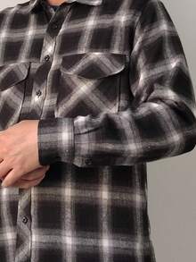 Men's Long Sleeve Plaid Flannel Shirt - 黑色 - 查看 4