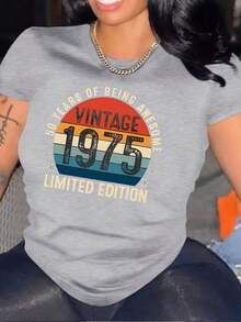 Vintage 1975 Printed Graphic T-Shirt For Women, Retro Casual Tee Showcasing 50 Years Of Charm - Light Grey - View 2