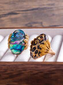 1pc Vintage Alloy Abalone Shell, Leopard, Oval Leaf Design Exaggerated Personalized Metal Ring For Women, Everyday Wear