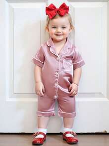 Infant Baby Girl Boy Silk Jumpsuit Pajamas Short Sleeve Button-Up Satin Pjs Footie Romper Pajama Nightgown - Hồng - Xem 5