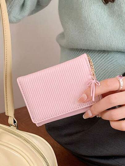 Ví nhỏ gấp 3 màu kẹo, ví da PU dễ thương và tươi mới, ví gấp đôi ngắn cho bé gái có nơ trang trí