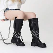 Pasuot Women's Knee-High Goth Platform Boots With Chunky High Heel, Buckles, Lace-Up Design, And Chain. Perfect For A Bold Punk Combat Look. - Black - View 9