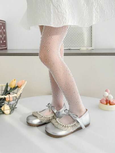 1/2 件儿童夏季薄款白色连裤袜，奢华水钻闪亮修身网眼丝袜，简约经典舒适时尚休闲紧身裤，适合日常生活、假期、返校