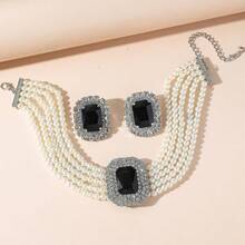 1 Set Women's Rhinestone Pearl Jewelry Necklace & Earrings Set - Green - View 6