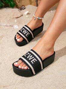 女士休闲时尚字母编织黑色厚底坡跟凉鞋，舒适适合户外和海滩穿着 - 黑色 - 查看 2