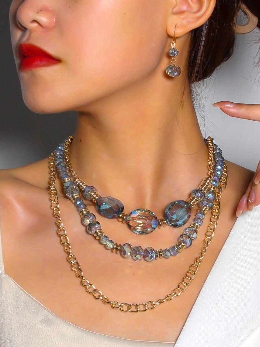New Fashionable Multi-Layer Crystal Beaded Chain Necklace With Matching Earrings