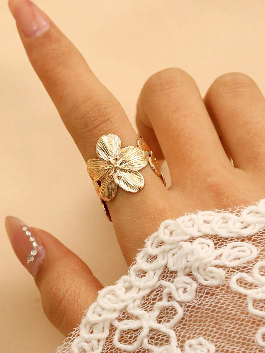 1pc Women's Flower Textured Fashion Personalized Open-Ended Adjustable Ring, Suitable For Party & Daily Wear - Yellow Gold - View 1