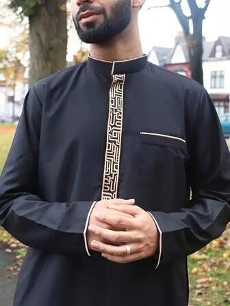 1 件男士休闲长袖经典简约纯黑色涤纶面料圆领长袍