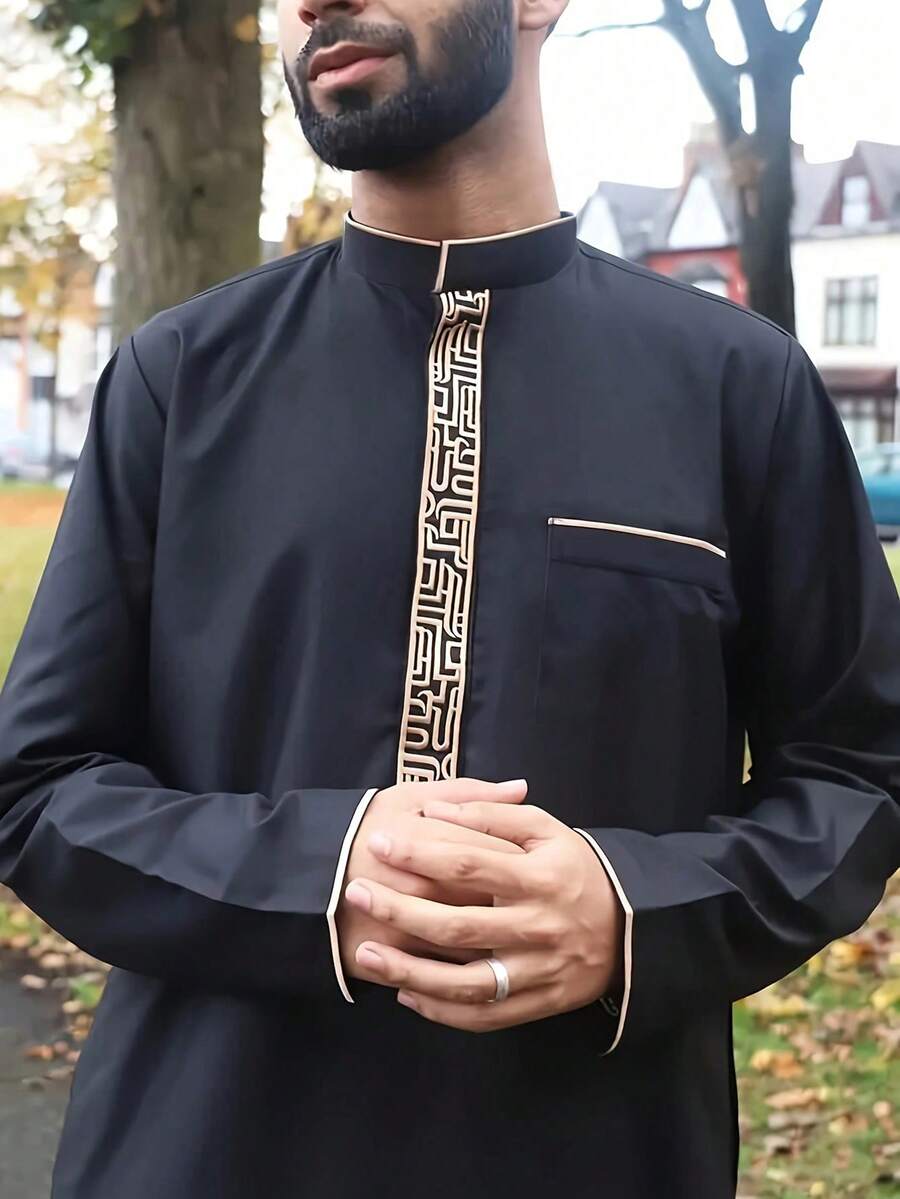 1 件男士休闲长袖经典简约纯黑色涤纶面料圆领长袍