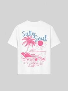 Tween Girl Tropical Print Round Neck Short Sleeve T-Shirt, Summer Top - White - View 4