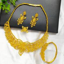 4pcs Gold Plated Flower & Leaf Pendant Necklace, Earrings, Bracelet And Ring Jewelry Set, Stylish For Women, Suitable For European, African, Dubai, Bridal, Wedding, Party, Mother's Day, Birthday, Festival, Everyday Wear