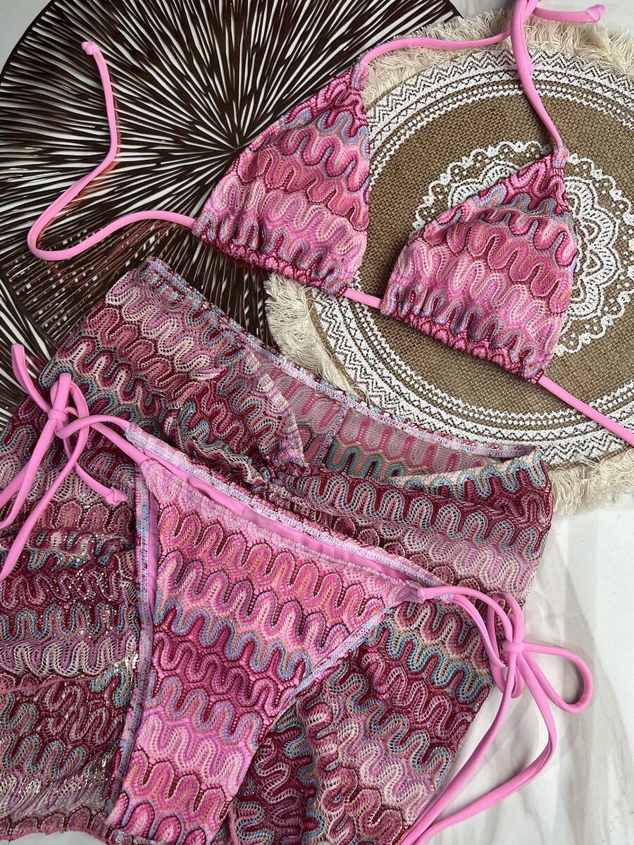 Bikinx Women's Wavy Pattern Backless Sexy Bikini Set With Cover-Up Skirt, Suitable For Summer Beach Vacation