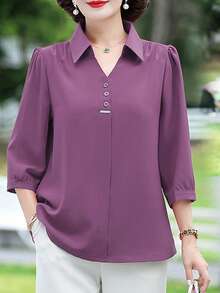 Plus Size Women's Solid Color Puff Sleeve Casual Loose Blouse - Purple - View 2