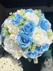 1 件新娘婚礼花束人造花束用于婚礼丝绸新娘伴娘手捧花花束用于情人节装饰婚礼派对用品家居装饰仿珍珠蕾丝网玫瑰花束情人节情人节 - 彩色 - 查看 19