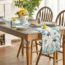 Sea Turtle, Jellyfish, Coral, Seaweed Summer Runner, Seasonal Holiday Kitchen Dining Table Decor, Home Party Indoor - Blue - View 3