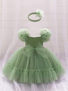 1件女婴荷叶边薄纱蝴蝶结可爱一周岁生日派对连衣裙，适合花童婚礼庆典，附赠发带 - 綠色 - 查看 2