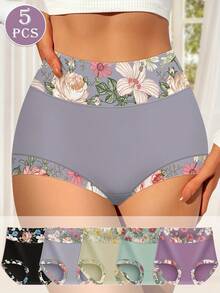 MEIYATING 5pcs/Pack High Waist Women's Briefs With Print Pattern, Abdomen Control And Buttock Lift