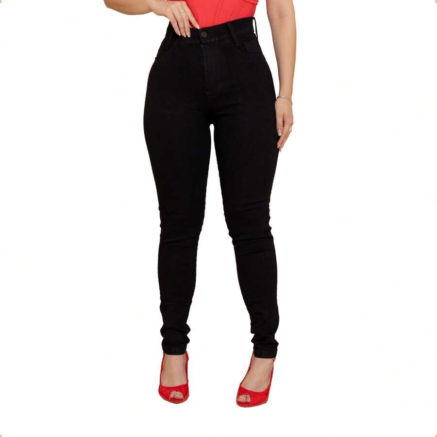 Calça Feminina Jeans Cintura Alta Lycra Modela Bumbum Elastano Skinny Estica Jean Levanta Bumbum