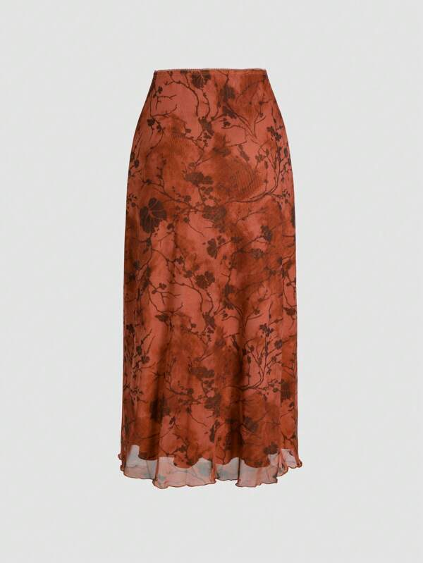 High Waist Mesh Floral Print Casual Midi Skirt